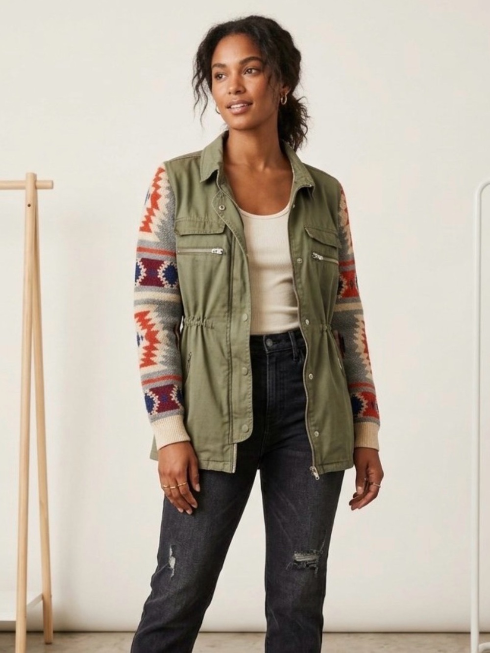 Quinn Women’s Olive Utility Jacket with Aztec Knit Sleeves - size medium